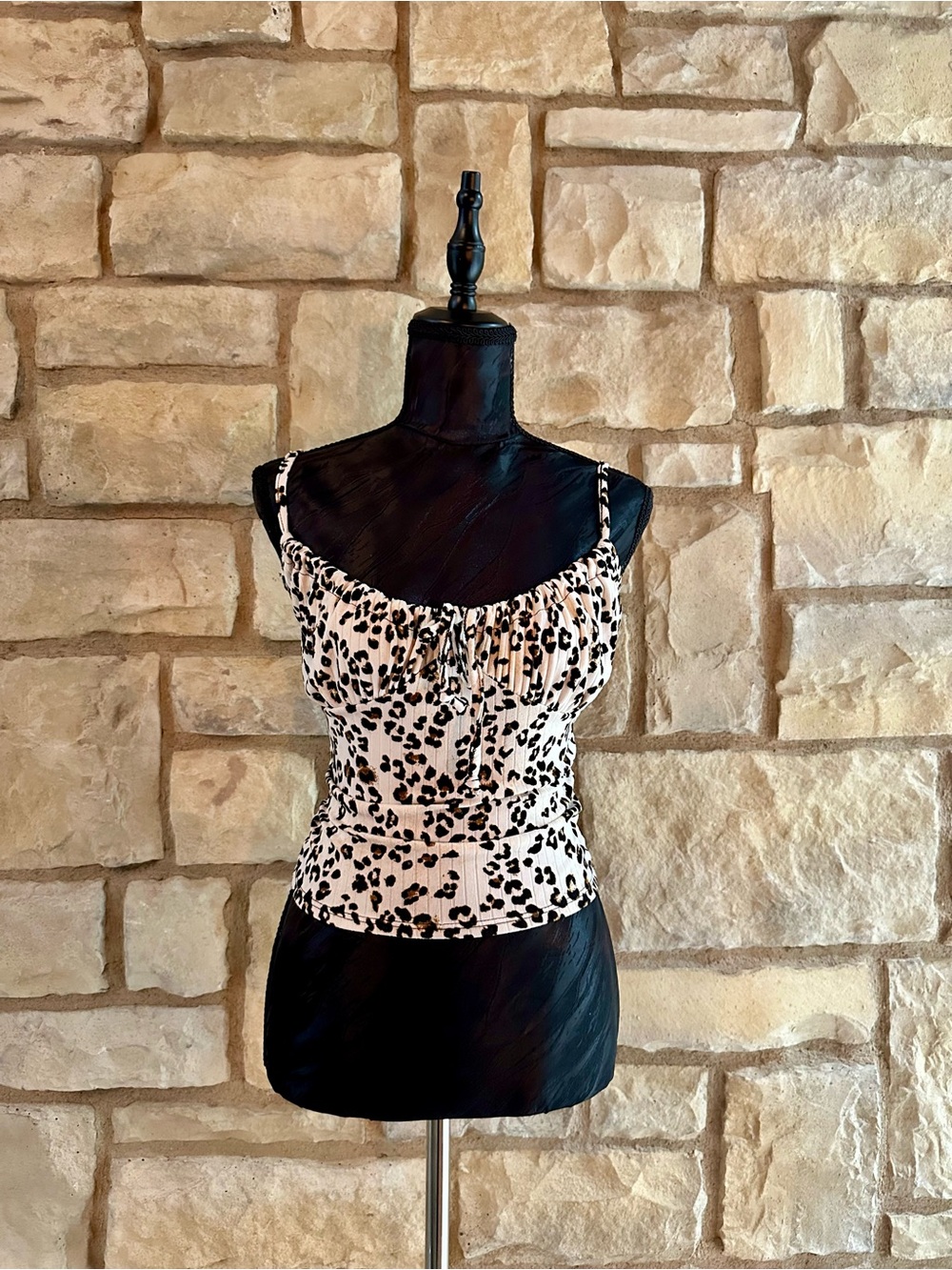 Leopard Print Ruched Cami Tank Top - Cream/Black